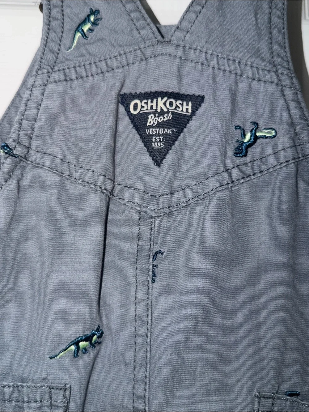Oshkosh B’gosh Baby Dinosaur Grey Denim Overalls Size 9M